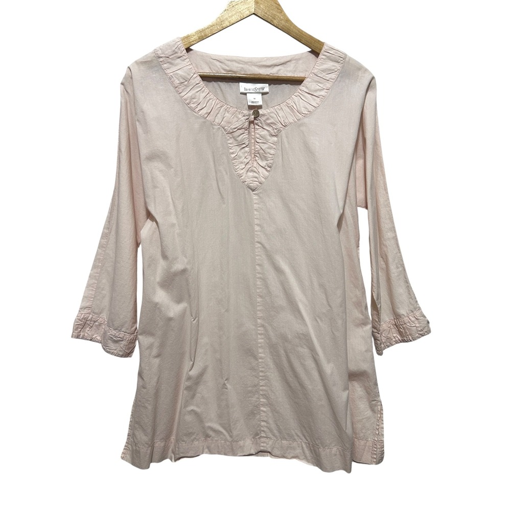 TravelSmith Womens Tunic Top M Blush Cotton 3/4 Sleeve Ruched Neck Travel Resort